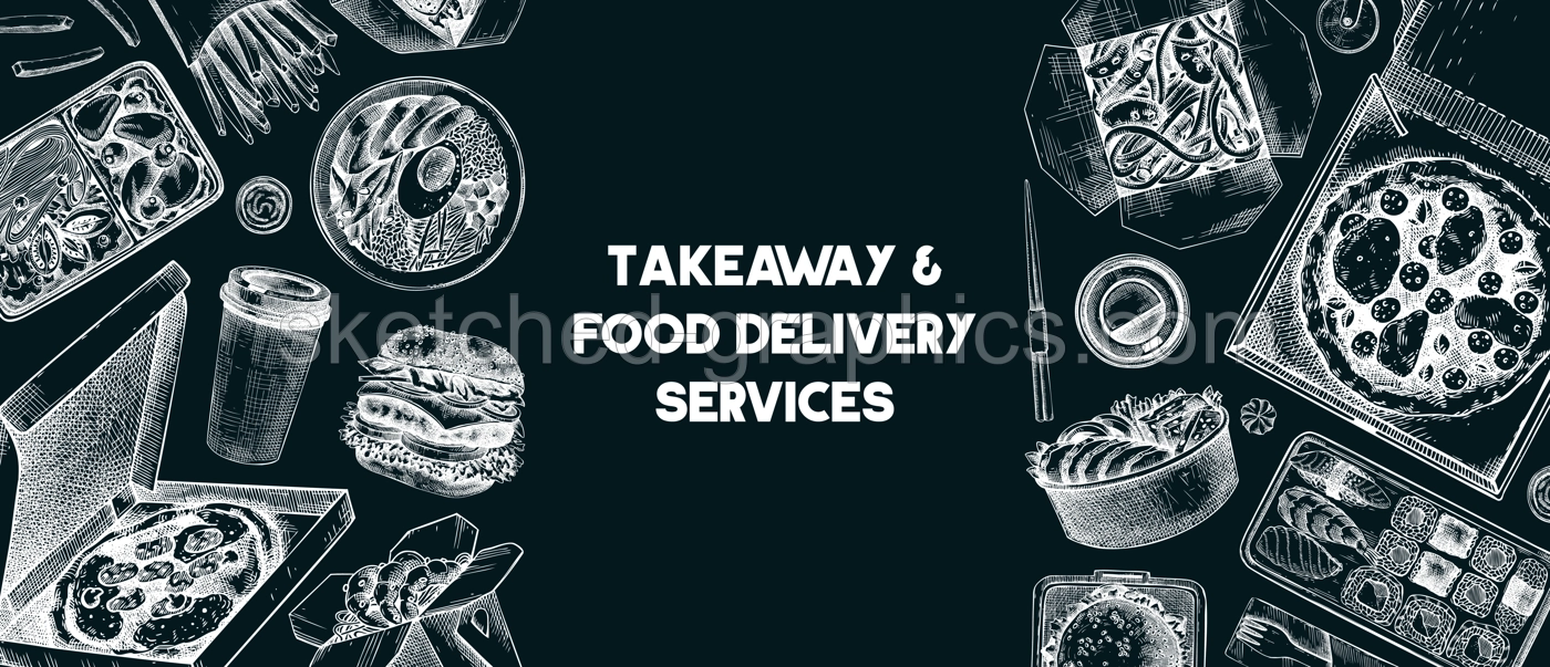 Takeaway and food delivery frame. Hand drawn vector illustration on chalkboard. Takeout food in paper box, fast food menu design. Pizza, burger, coffee, noodles, poke, sushi sketch Illustration